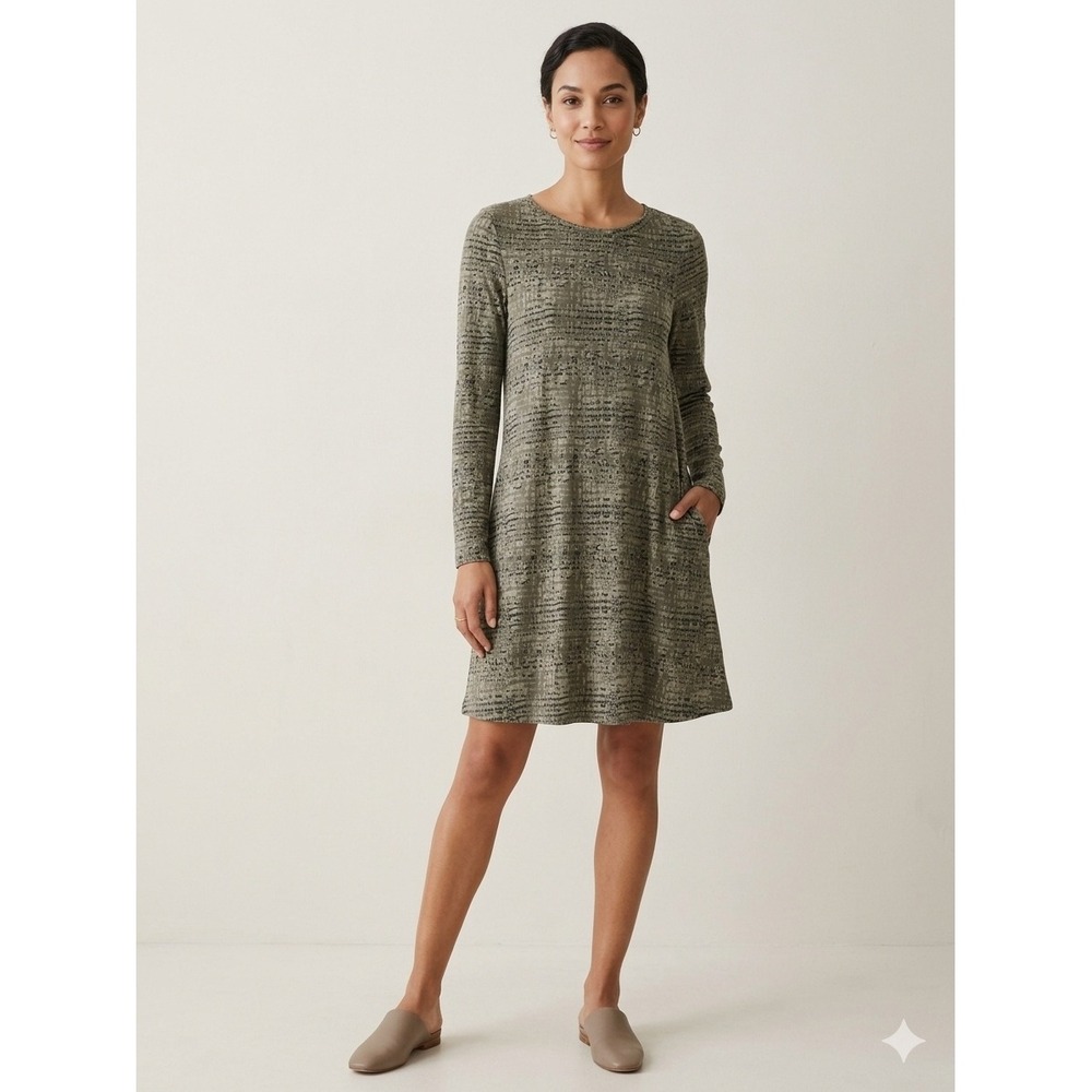 Pact organic cotton Olive Green Textured Knit Long Sleeve A-Line Dress Pockets